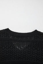 Load image into Gallery viewer, Black Eyelet Pattern Detail V Neck Drop Shoulder Sweater - Fashion Queen
