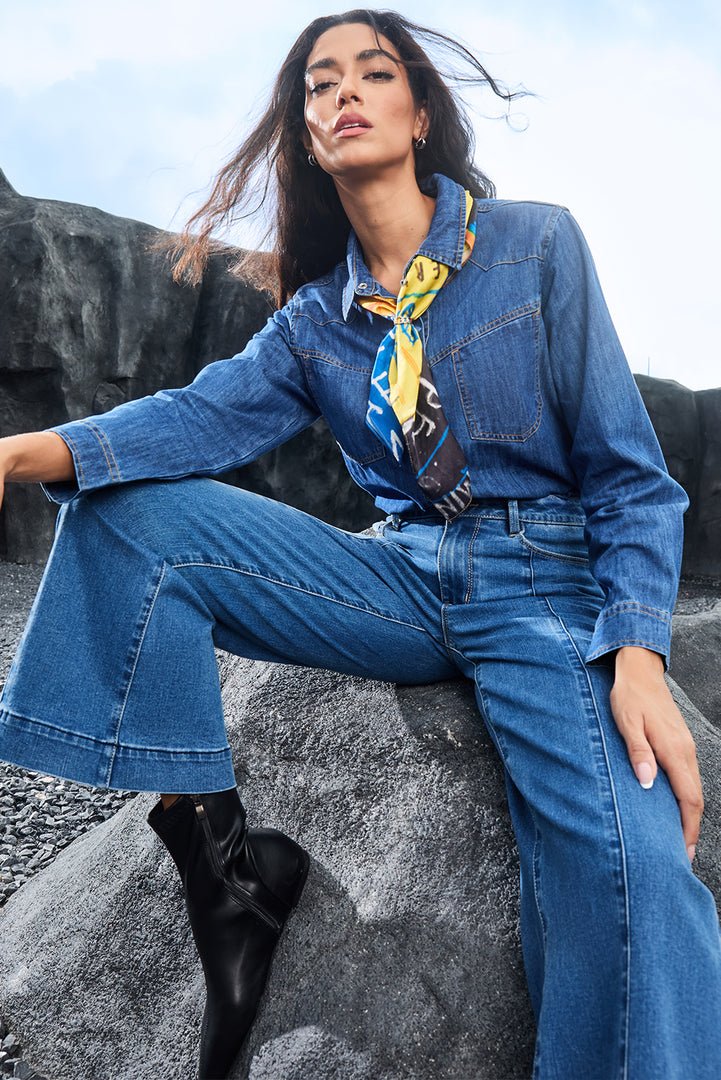 Dark Blue Plain Seam Detail Flared Bottom Ankle Length Jeans - Fashion Queen -  9