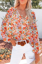 Load image into Gallery viewer, Fiery Red White Floral Print V Neck Long Puff Sleeve Top - Fashion Queen - 16