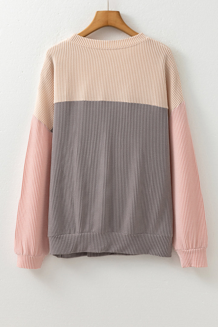 Multicolor Color Block Long Sleeve Ribbed Loose Top