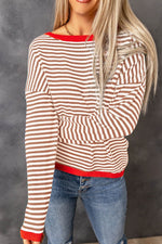Load image into Gallery viewer, Fiery Red Contrast Trimmed Striped Drop Shoulder Sweater - Fashion Queen