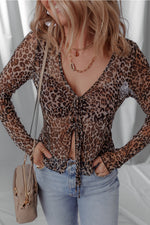 Load image into Gallery viewer, Multicolour Leopard Sheer Mesh Long Sleeve V Neck Lace-up Blouse - Fashion Queen - 4
