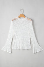 Load image into Gallery viewer, White Sheer Lace Bell Sleeve Mock Neck Blouse - Fashion Queen - 4