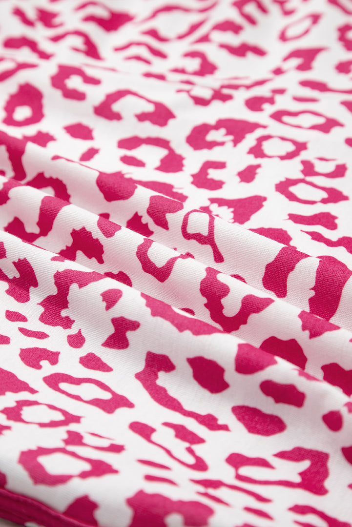 Pink Leopard Elastic Waist Lace up Contrast Trim Casual Shorts