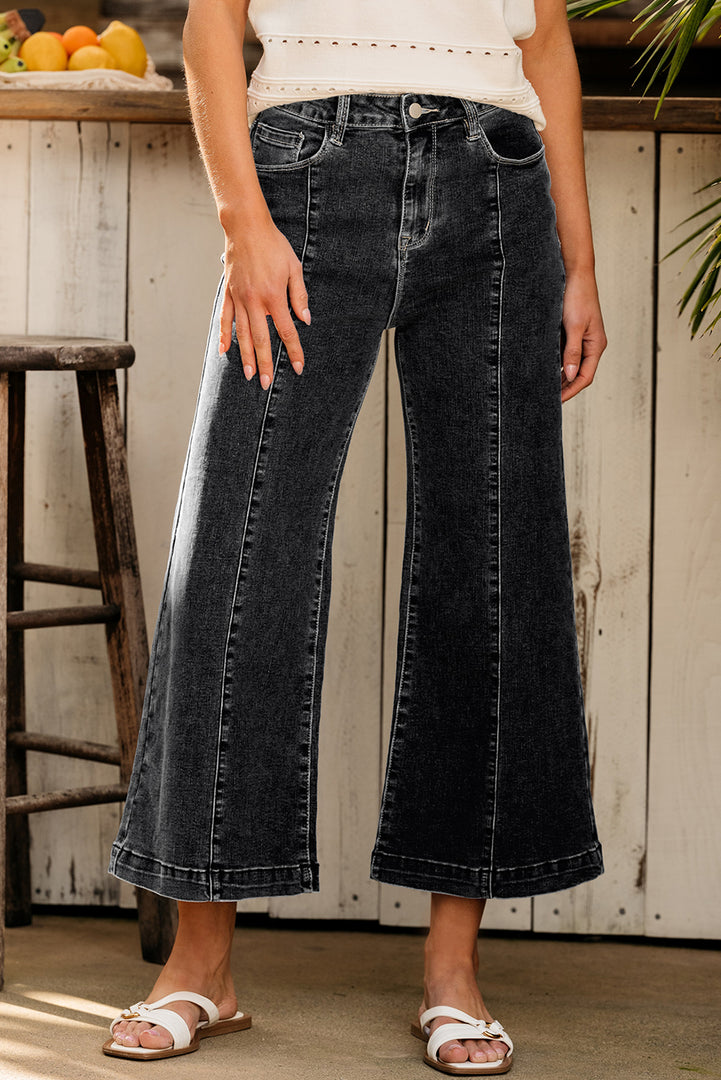 Dark Blue Plain Seam Detail Flared Bottom Ankle Length Jeans