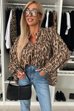 Load image into Gallery viewer, Rose Red Oversized Leopard Print Balloon Sleeve Casual Shirt - Fashion Queen