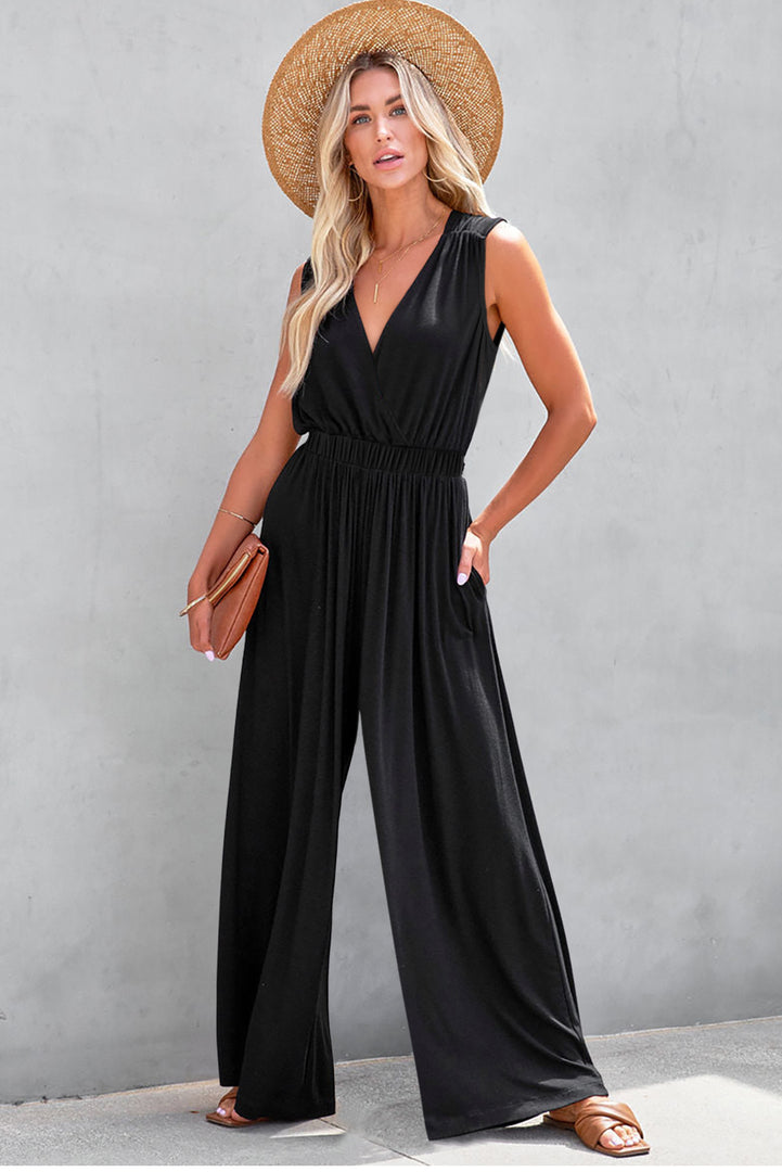 Jungle Green Deep V Pleated Crisscross Wide Leg Backless Jumpsuit