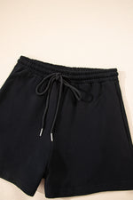 Load image into Gallery viewer, Black Button Drawstring Hooded Pullover and Casual Short Set