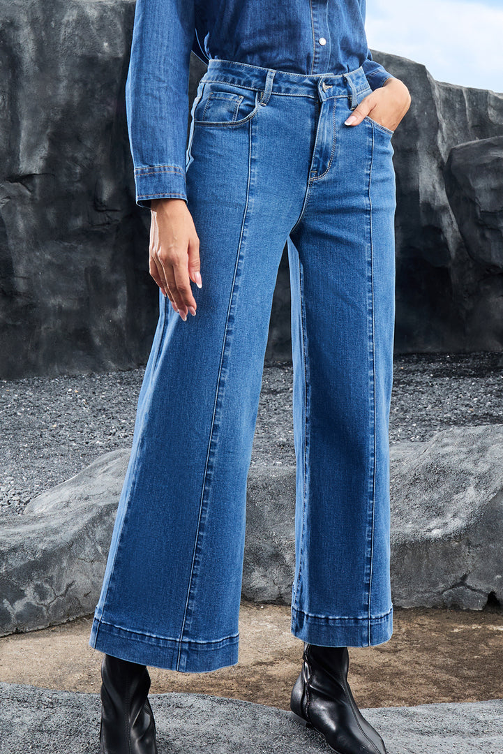 Dark Blue Plain Seam Detail Flared Bottom Ankle Length Jeans - Fashion Queen -  4