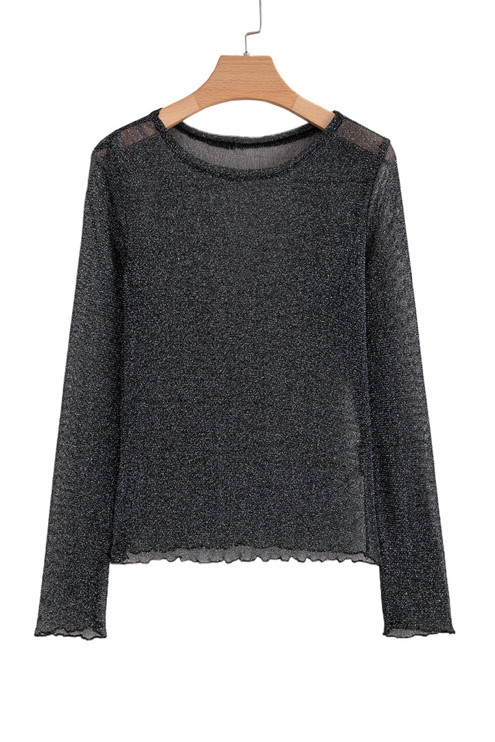 Black Metallic Glitter Mesh Long Sleeve Top