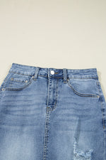 Load image into Gallery viewer, Myosotis Irregular Distressed Bottom Denim Midi Skirt