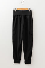 Load image into Gallery viewer, Black Elastic High Waist Pocketed Cargo Jogger Pants