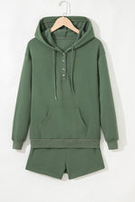 Load image into Gallery viewer, Black Button Drawstring Hooded Pullover and Casual Short Set