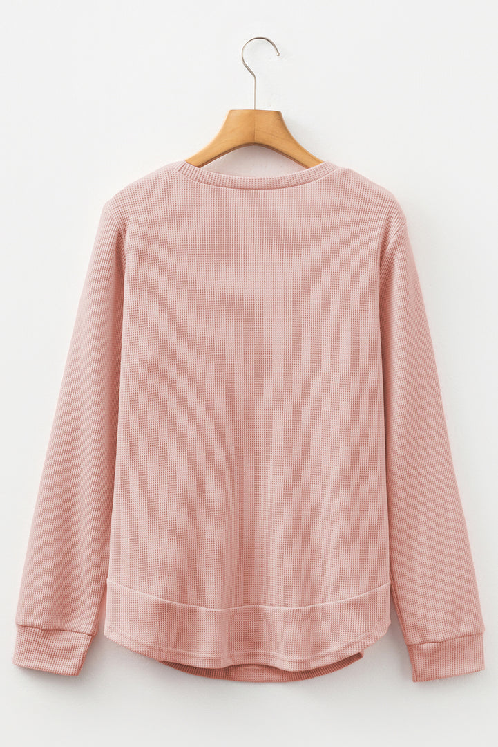 Gossamer Pink Rounded Hem Waffle Long Sleeve Top