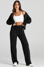 Load image into Gallery viewer, Black Double Zipper Hooded Jacket and Sweatpants Active Set