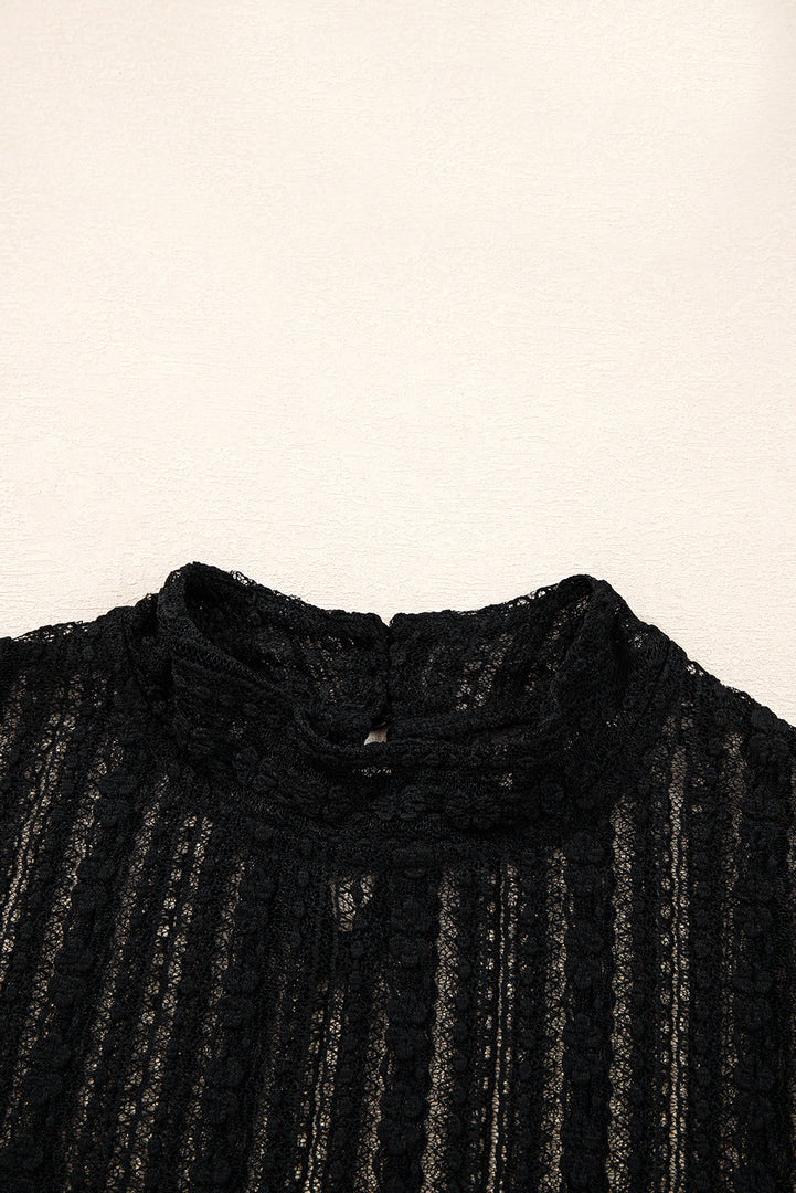 Black Lace Patchwork Flounce Sleeve Slim Fit Top