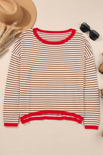Load image into Gallery viewer, Fiery Red Contrast Trimmed Striped Drop Shoulder Sweater - Fashion Queen