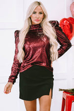 Load image into Gallery viewer, Apricot Sequin Mock Neck Bubble Sleeve Top - Fashion Queen