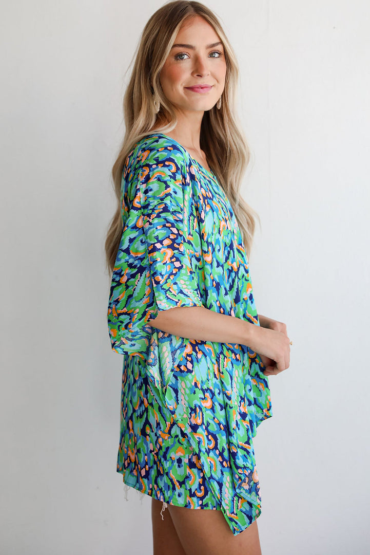 Pink Abstract Print V Neck Half Sleeve Loose Fit Tunic Blouse