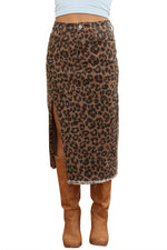 Load image into Gallery viewer, Brown Leopard Denim Frayed Split Denim Midi Skirt