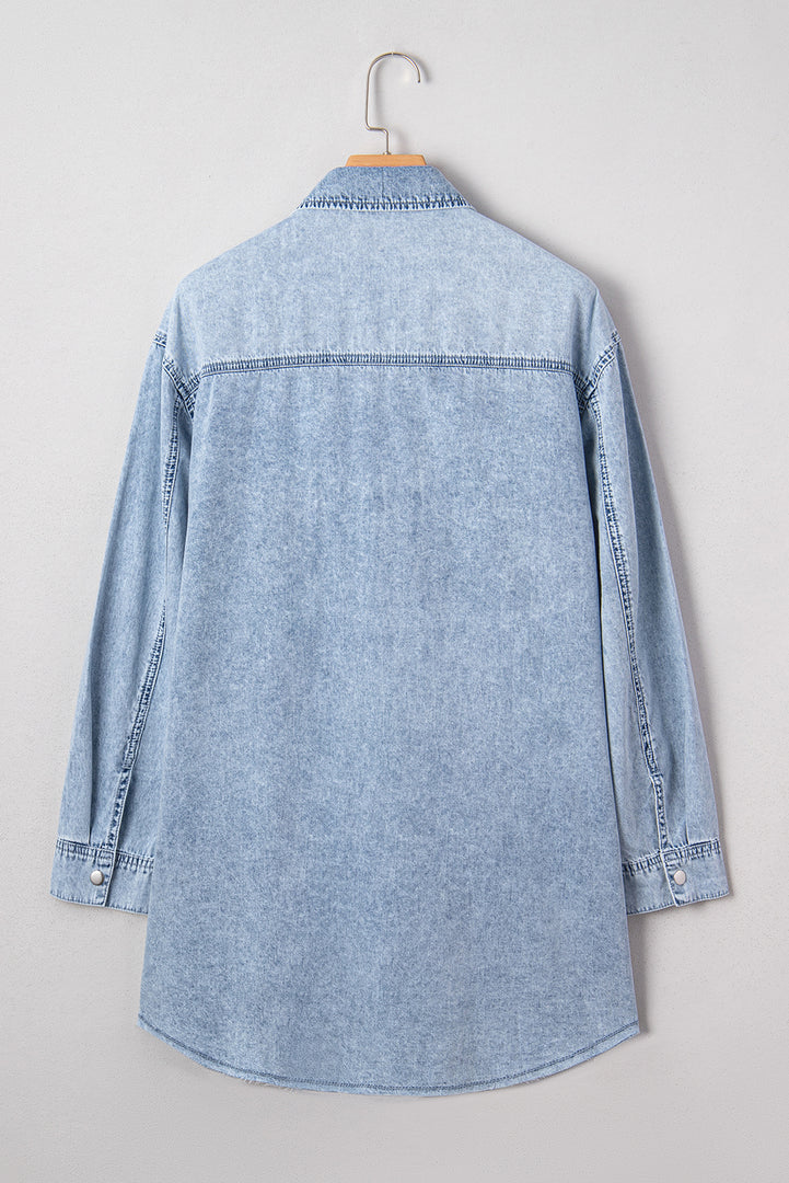 Beau Blue Chest Pocket Raw Hem Denim Loose Shirt Dress