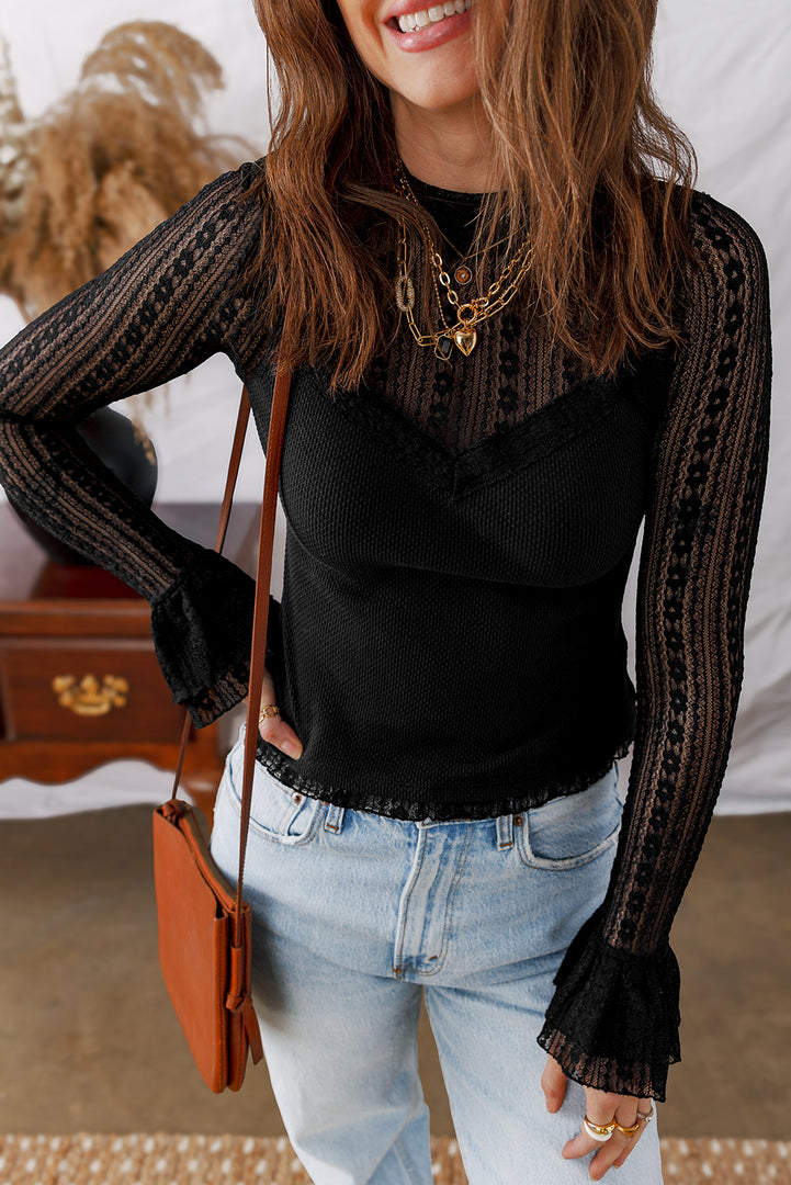 Black Lace Patchwork Flounce Sleeve Slim Fit Top