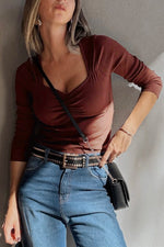 Load image into Gallery viewer, Burgundy Gathered Bust Square Neck Ribbed Fit Long Sleeve Top - Fashion Queen -  4