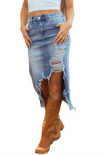 Load image into Gallery viewer, Myosotis Irregular Distressed Bottom Denim Midi Skirt