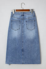 Load image into Gallery viewer, Myosotis Irregular Distressed Bottom Denim Midi Skirt