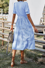 Load image into Gallery viewer, Sky Blue Stripe Button Tassel Tie Detail Frilled Short Sleeve Flared Midi Dress - Fashion Queen - 2