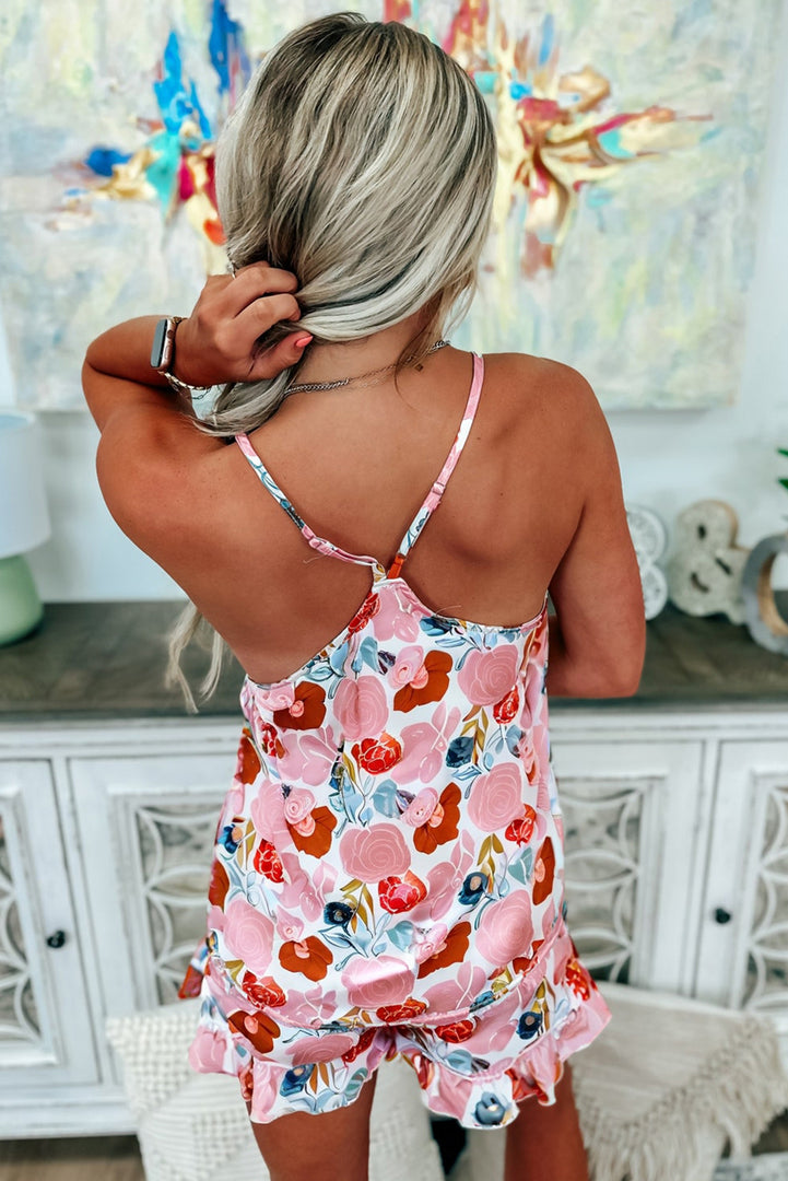 Multicolour Floral V Neck Cami Top and Ruffled Shorts Lounge Set
