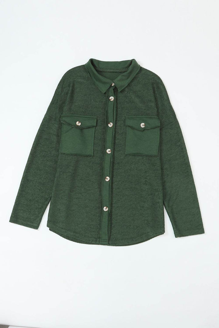 Black Contrast Flap Pockets Relaxed Shacket - Fashion Queen