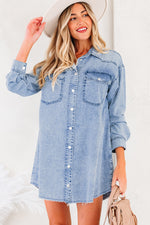 Load image into Gallery viewer, Beau Blue Chest Pocket Raw Hem Denim Loose Shirt Dress