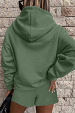 Load image into Gallery viewer, Black Button Drawstring Hooded Pullover and Casual Short Set