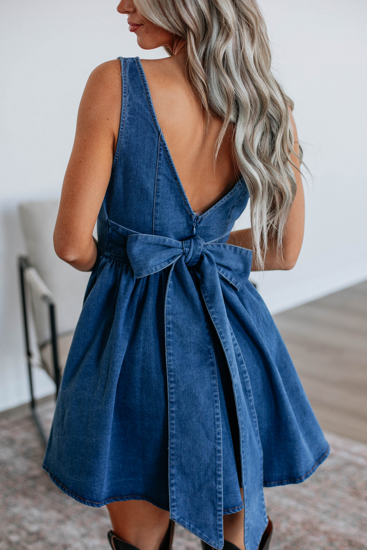 Sail Blue Square Neck Bowknot A-line Sleeveless Denim Dress - Fashion Queen -  1