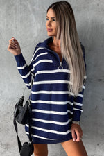 Load image into Gallery viewer, Blue Striped O-ring Zip Collared Loose Sweater Mini Dress - Fashion Queen - 10