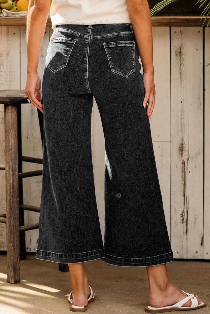 Dark Blue Plain Seam Detail Flared Bottom Ankle Length Jeans