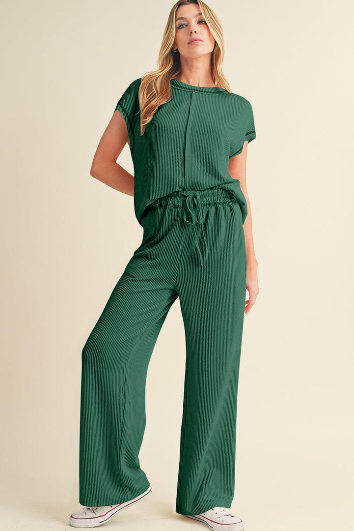 Blackish Green Solid Color Corded Short Sleeve Top and Casual Pants Set