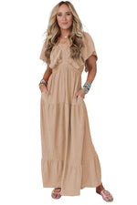 Load image into Gallery viewer, Green Textured V Neck Flutter Sleeve Ruffled Maxi Dress - Fashion Queen