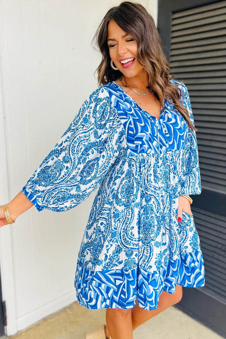 Rose Bohemian Print Puff Sleeve Tied V Neck Flared Mini Dress - Fashion Queen