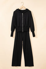 Load image into Gallery viewer, Black Double Zipper Hooded Jacket and Sweatpants Active Set