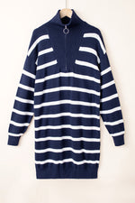 Load image into Gallery viewer, Blue Striped O-ring Zip Collared Loose Sweater Mini Dress - Fashion Queen - 13