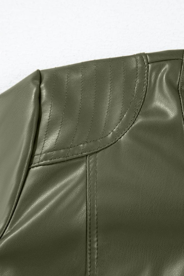 Black Solid Faux Leather Zipper Slim Fit Bomber Jacket - Fashion Queen