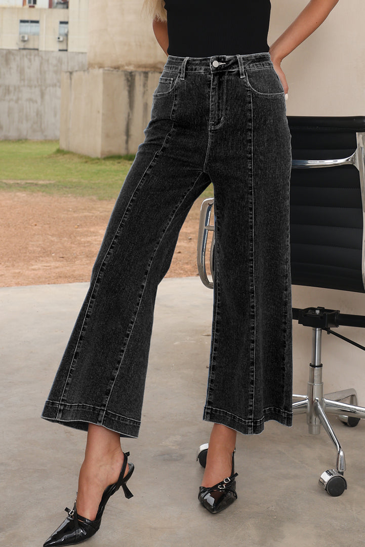 Dark Blue Plain Seam Detail Flared Bottom Ankle Length Jeans - Fashion Queen -  27