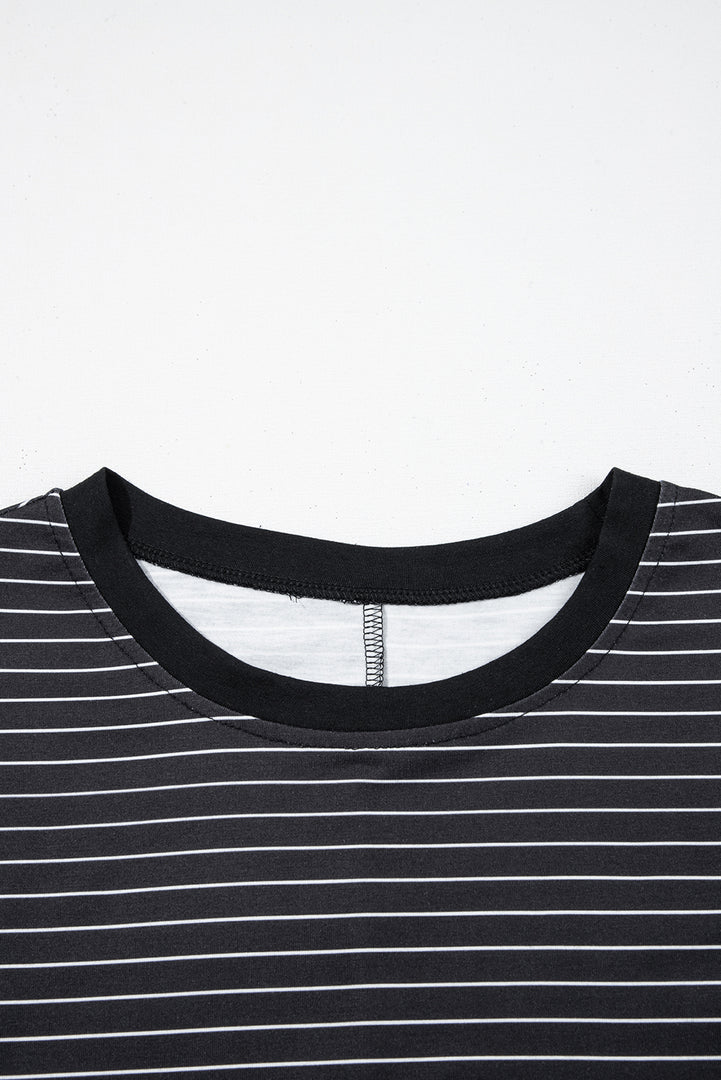 Black Stripe Ruffled Short Sleeve Crew Neck T Shirt Shift Mini Dress