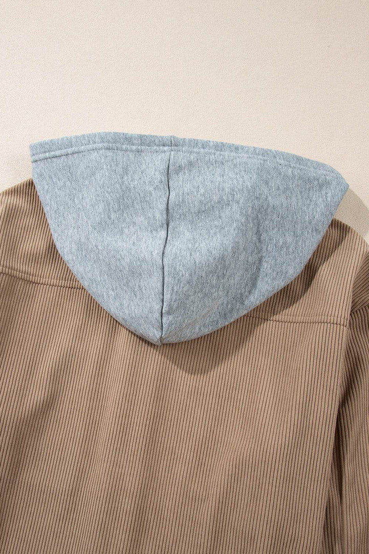 Black Hooded Drawstring Pockets Corduroy Shacket - Fashion Queen