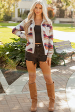 Load image into Gallery viewer, Multicolour Western Aztec Striped Patchwork Double Flap Pocket Raw Hem Shacket