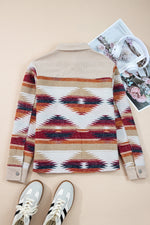 Load image into Gallery viewer, Multicolour Western Aztec Striped Patchwork Double Flap Pocket Raw Hem Shacket