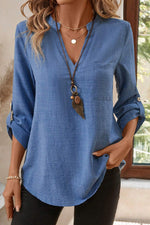 Load image into Gallery viewer, Ashleigh Blue Solid Color Notched V Neck Roll up 3/4 Sleeve Blouse