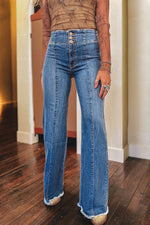Load image into Gallery viewer, Sail Blue High Waist Button Fly Seamed Raw Hem Flare Jeans